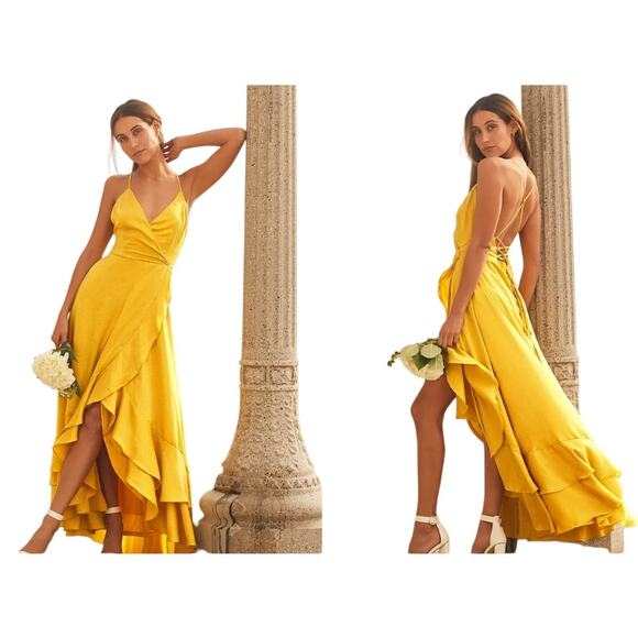 Lulu’s Size M In Love Forever Mustard Satin Lace-Up High-Low Maxi Dress - Picture 1 of 12